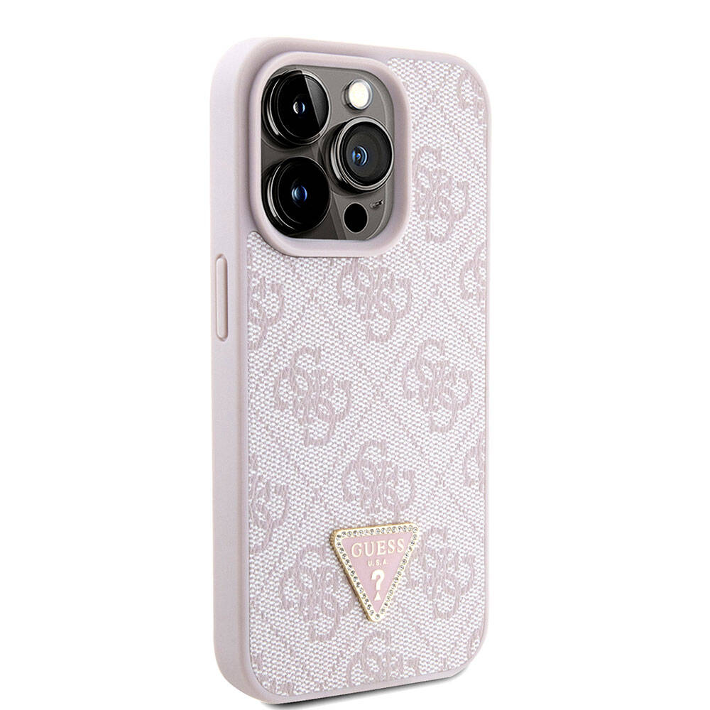 Apple iPhone 15 Pro Case Guess Original Licensed PU Leather Strap Stone Triangle Logo 4G Patterned Strass Crossbody Cover Pink