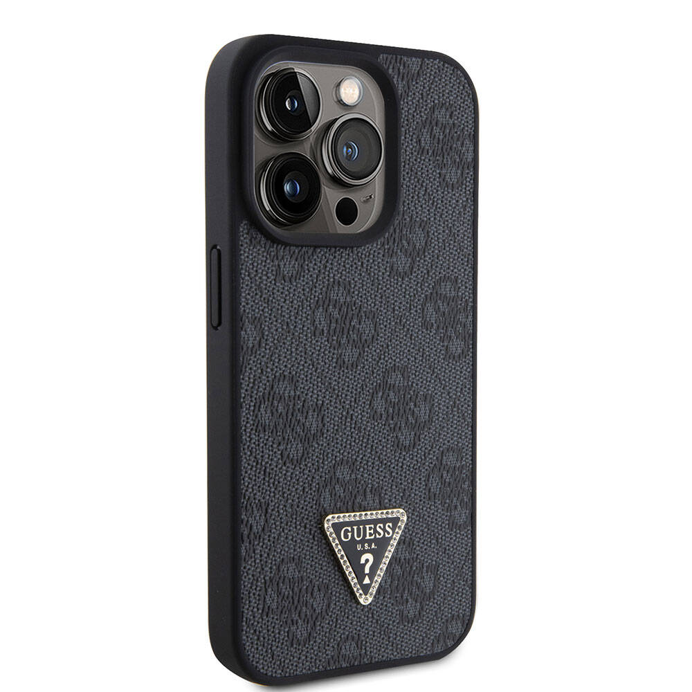 Apple iPhone 15 Pro Case Guess Original Licensed PU Leather Strap Stone Triangle Logo 4G Patterned Strass Crossbody Cover Black