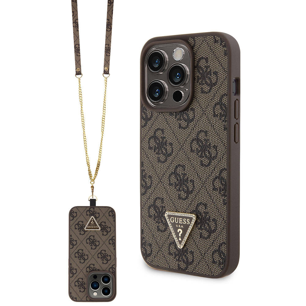 Apple iPhone 15 Pro Case Guess Original Licensed PU Leather Strap Stone Triangle Logo 4G Patterned Strass Crossbody Cover Brown