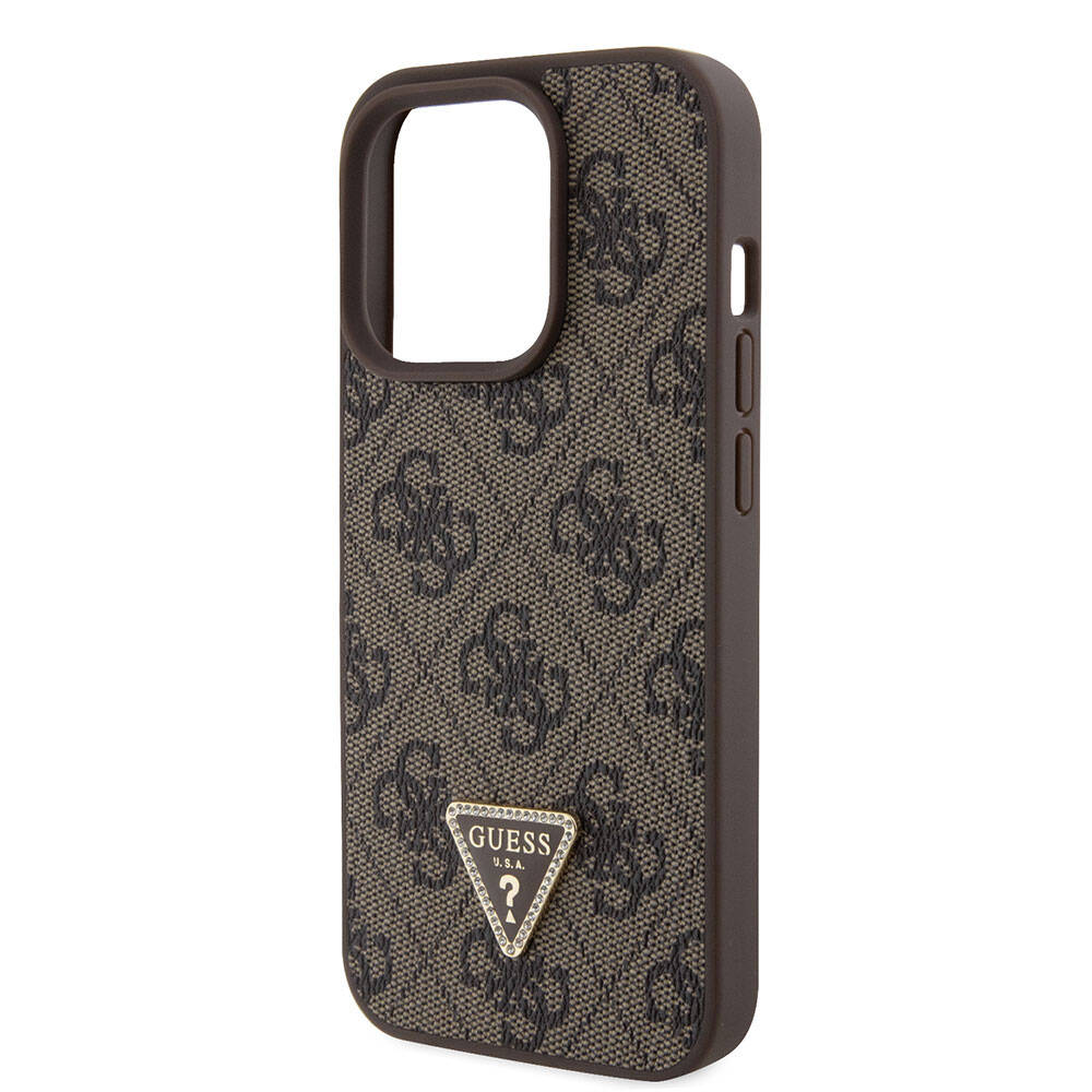Apple iPhone 15 Pro Case Guess Original Licensed PU Leather Strap Stone Triangle Logo 4G Patterned Strass Crossbody Cover Brown