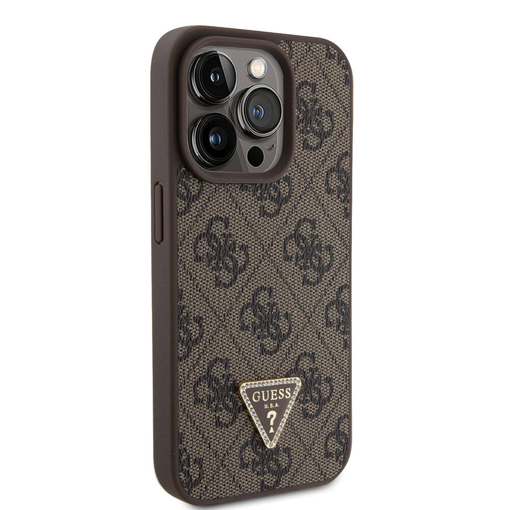 Apple iPhone 15 Pro Case Guess Original Licensed PU Leather Strap Stone Triangle Logo 4G Patterned Strass Crossbody Cover Brown