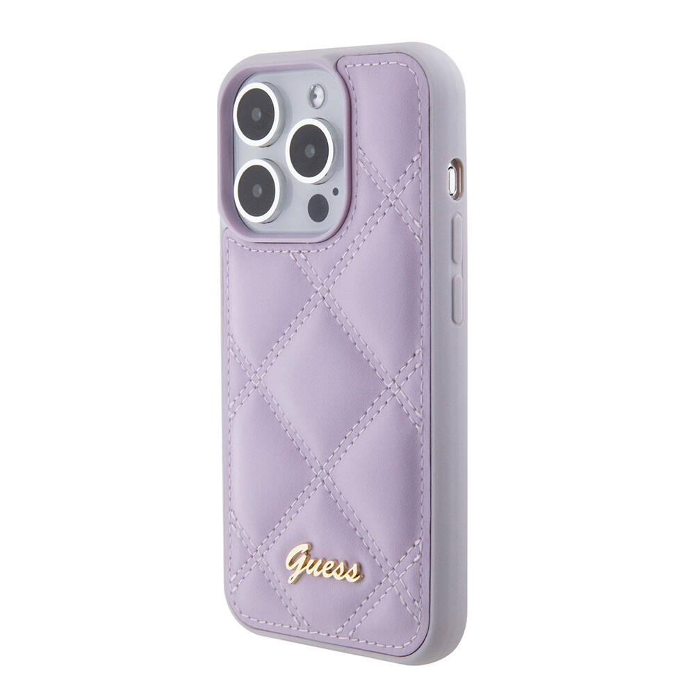 Apple iPhone 15 Pro Case Guess Original Licensed PU Leather Quilted Cover with Metal Lettering Logo Black