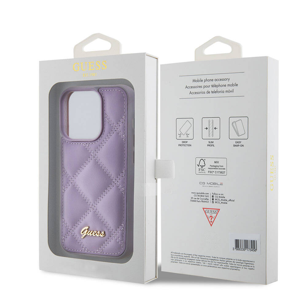 Apple iPhone 15 Pro Case Guess Original Licensed PU Leather Quilted Cover with Metal Lettering Logo Light Purple