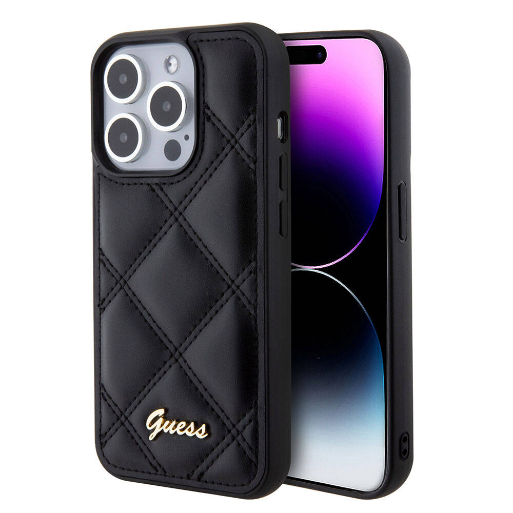 Apple iPhone 15 Pro Case Guess Original Licensed PU Leather Quilted Cover with Metal Lettering Logo Black