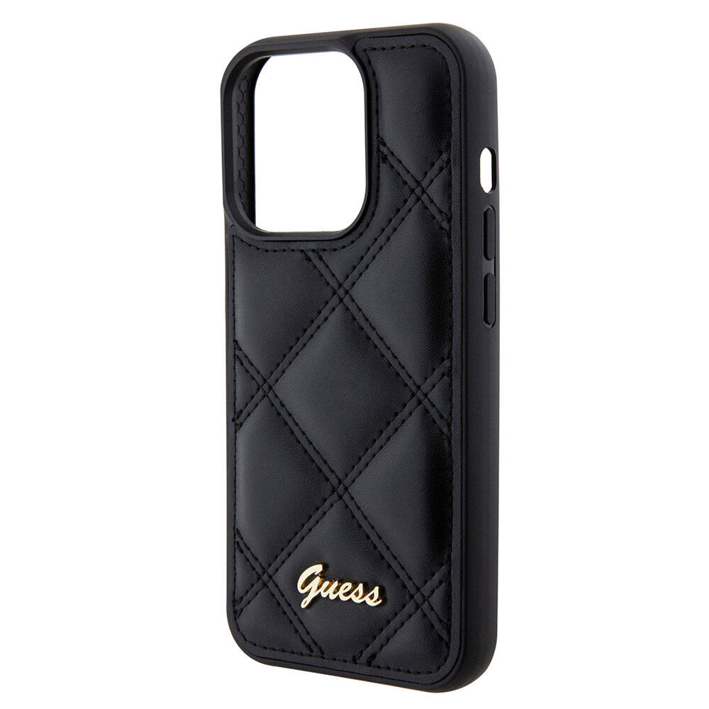 Apple iPhone 15 Pro Case Guess Original Licensed PU Leather Quilted Cover with Metal Lettering Logo Black