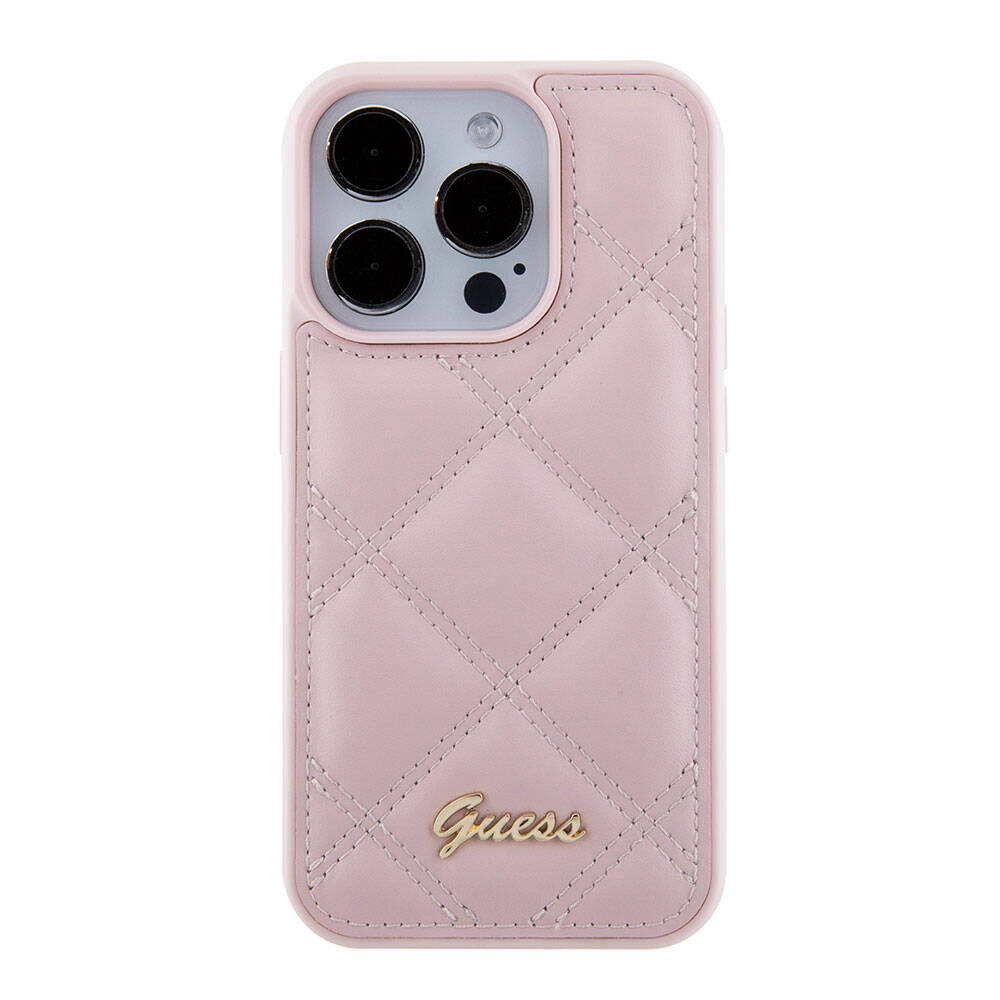 Apple iPhone 15 Pro Case Guess Original Licensed PU Leather Quilted Cover with Metal Lettering Logo Black