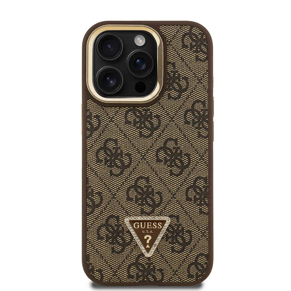 Apple iPhone 15 Pro Case Guess Original Licensed PU Leather Stone Triangle Logo 4G Patterned Camera Stand Cover Brown