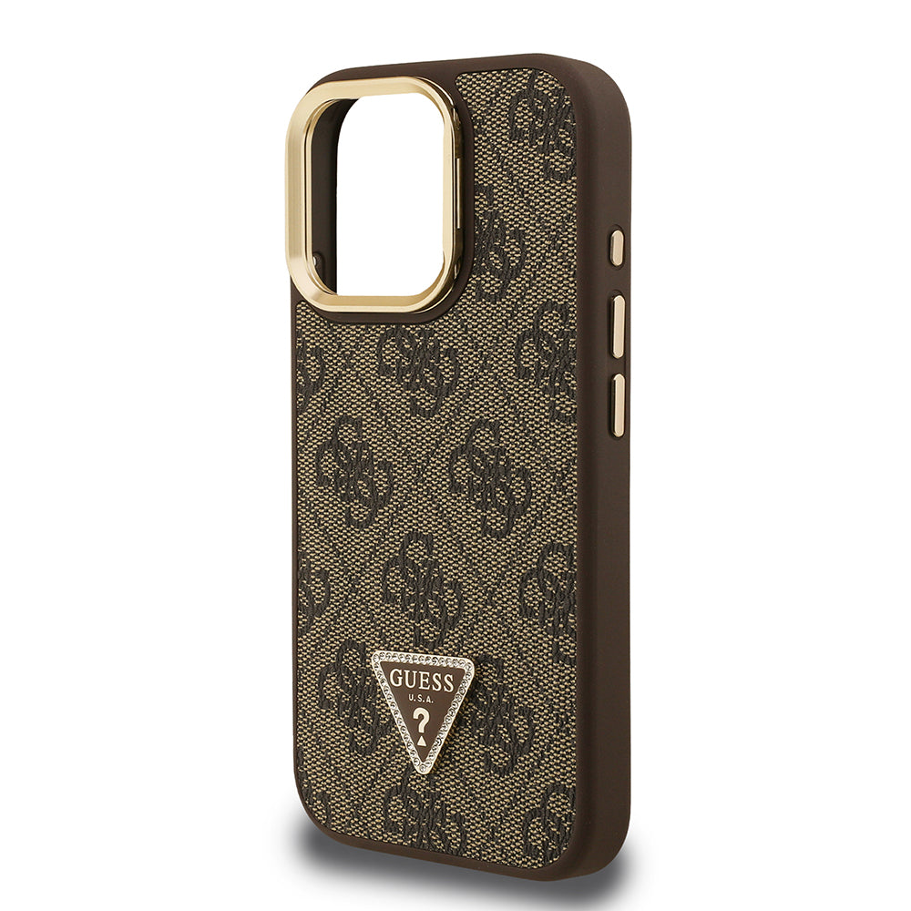 Apple iPhone 15 Pro Case Guess Original Licensed PU Leather Stone Triangle Logo 4G Patterned Camera Stand Cover Brown