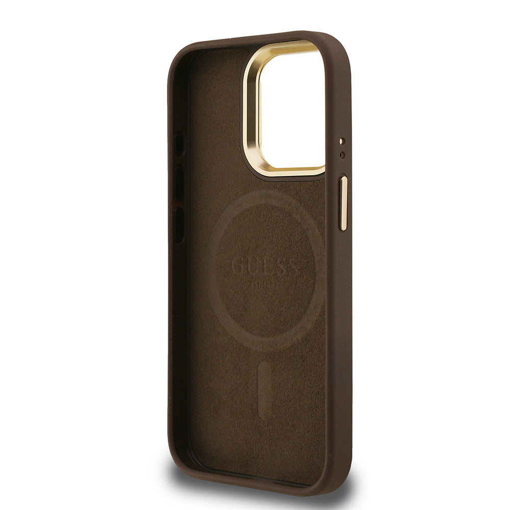 Apple iPhone 15 Pro Case Guess Original Licensed PU Leather Stone Triangle Logo 4G Patterned Camera Stand Cover Black