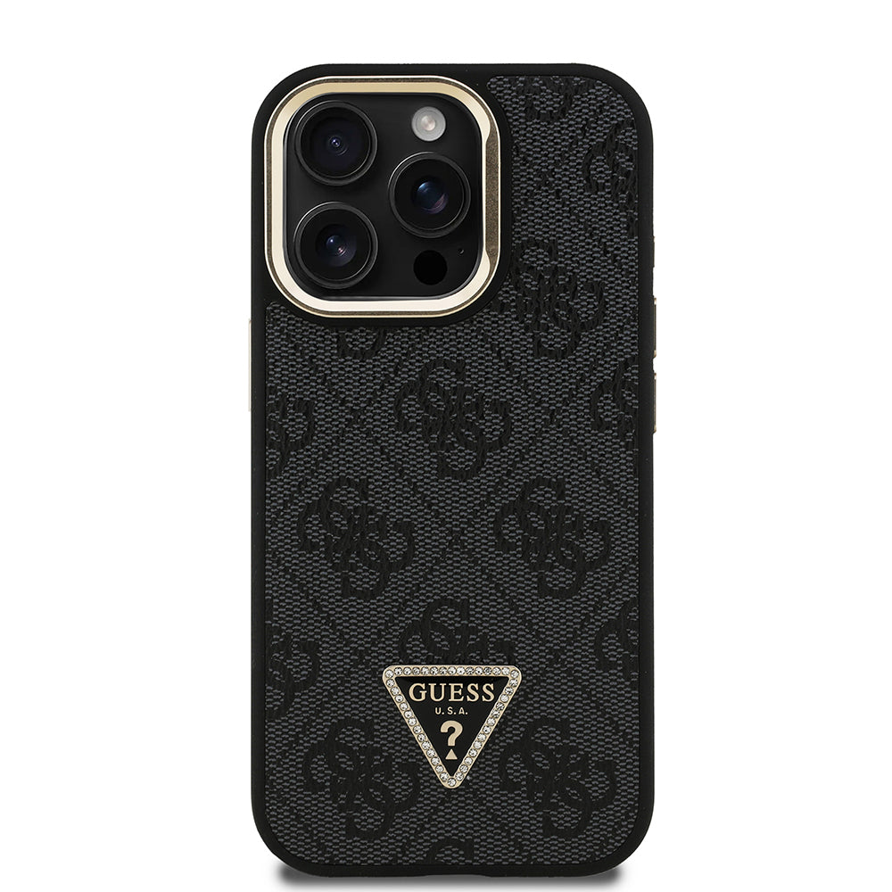 Apple iPhone 15 Pro Case Guess Original Licensed PU Leather Stone Triangle Logo 4G Patterned Camera Stand Cover Black