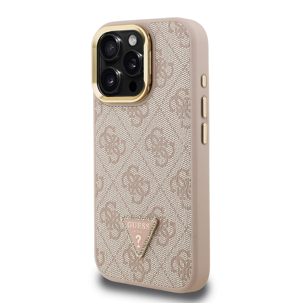 Apple iPhone 15 Pro Kılıf Guess Orjinal Lisanslı PU Deri Taşlı Üçgen Logo 4G Desenli Kamera Standlı Kapak Siyah
