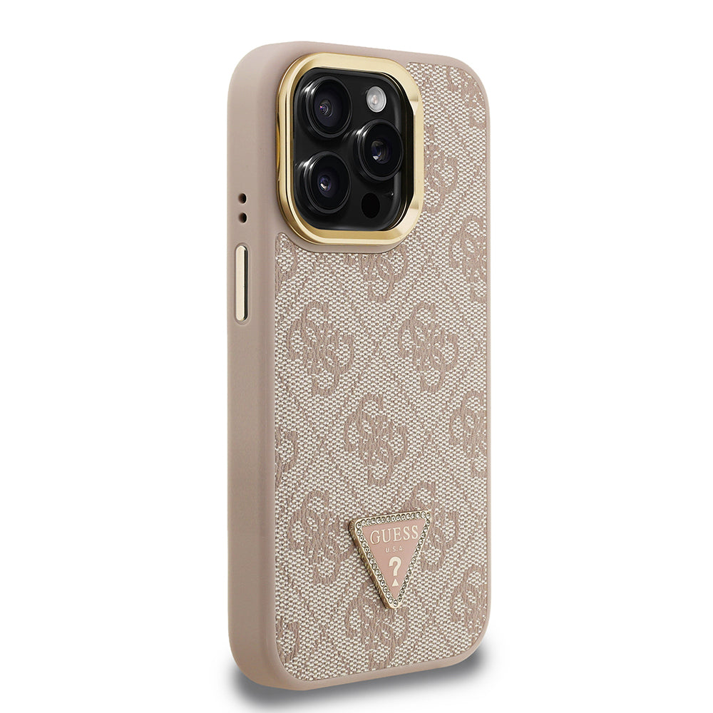 Apple iPhone 15 Pro Kılıf Guess Orjinal Lisanslı PU Deri Taşlı Üçgen Logo 4G Desenli Kamera Standlı Kapak Kahverengi