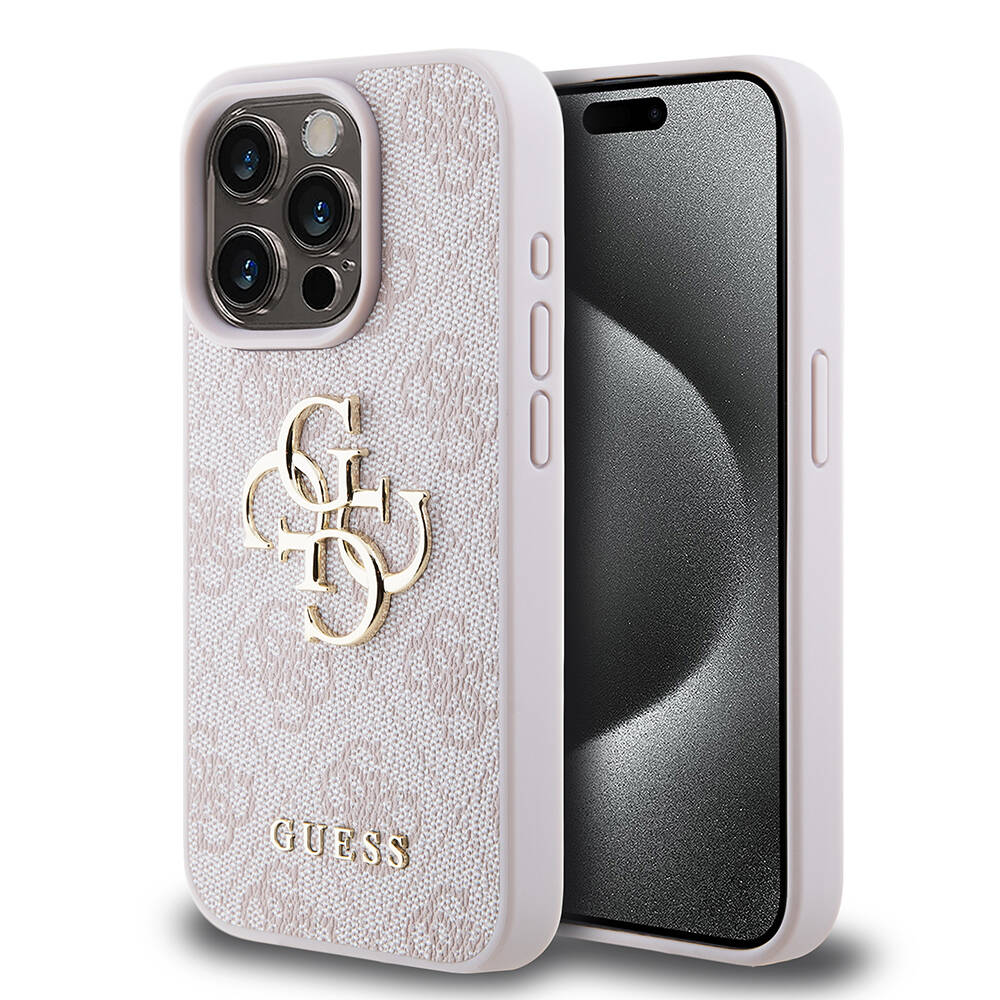 Apple iPhone 15 Pro Kılıf Guess Orjinal Lisanslı PU Deri Yazı ve 4G Metal Logolu Desenli Kapak Kahverengi