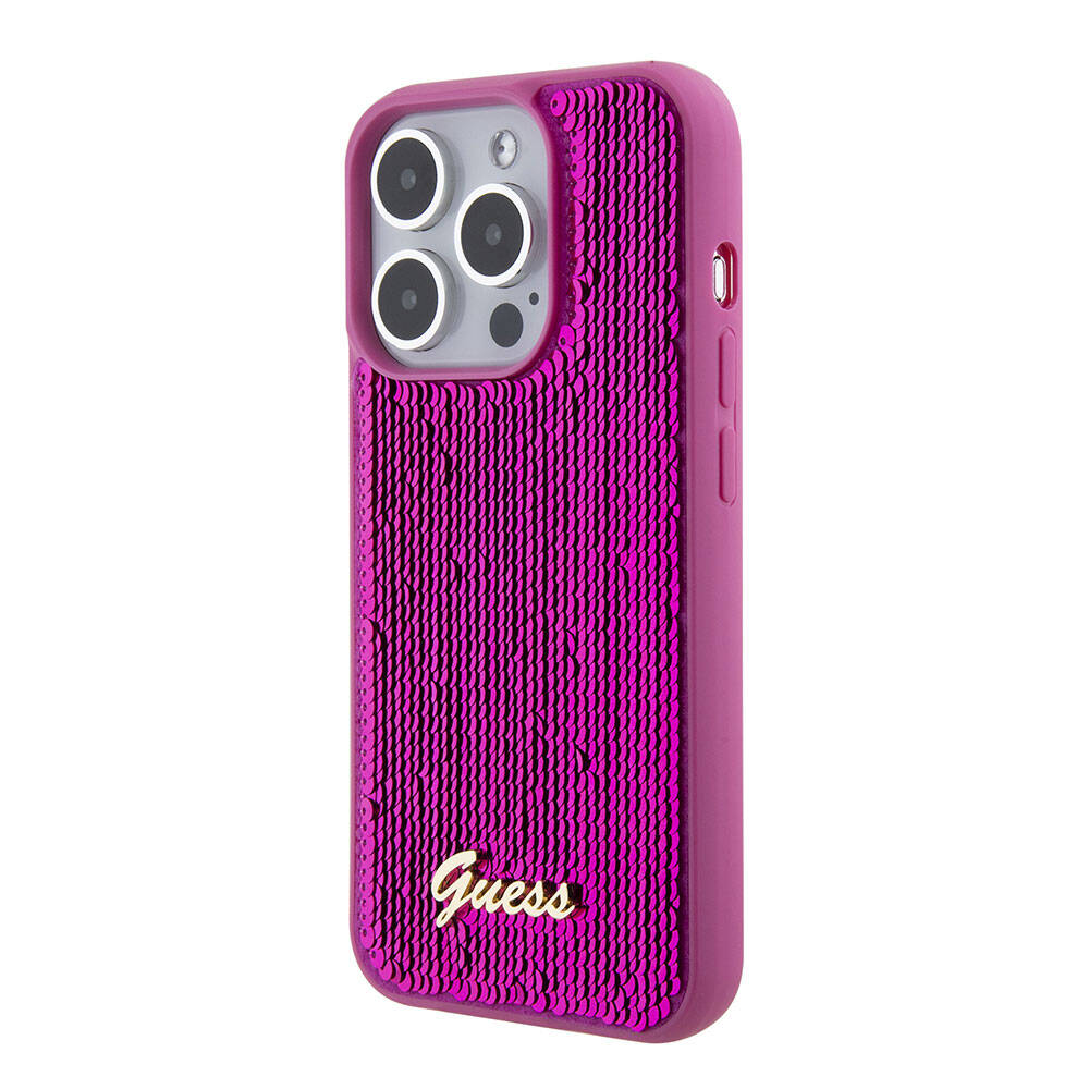 Apple iPhone 15 Pro Case Guess Original Licensed Sequin Back Surface Metal Lettering Logo Sequin Script Cover Silver