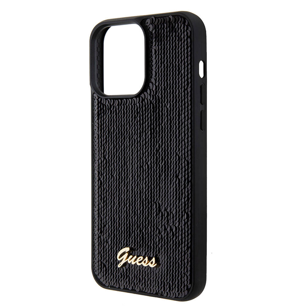 Apple iPhone 15 Pro Case Guess Original Licensed Sequin Back Surface Metal Lettering Logo Sequin Script Cover Silver
