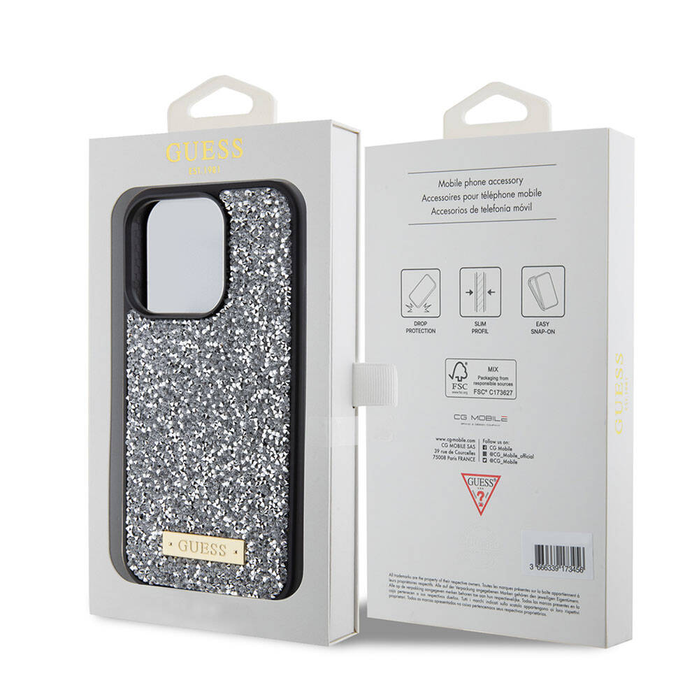 Apple iPhone 15 Pro Case Guess Original Licensed Stone Back Surface Metal Text Logo Cover Silver