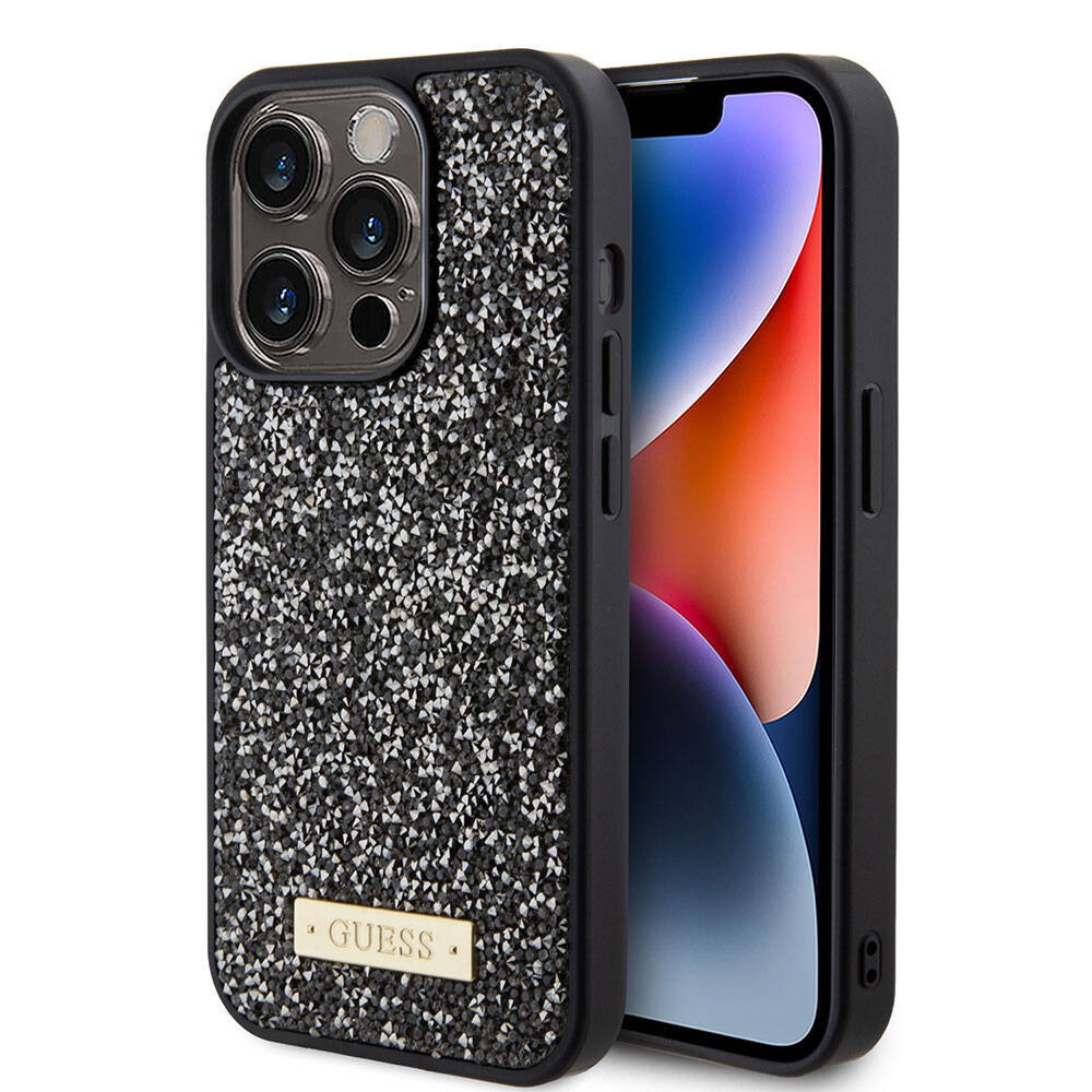 Apple iPhone 15 Pro Case Guess Original Licensed Stone Back Surface Metal Text Logo Cover Black