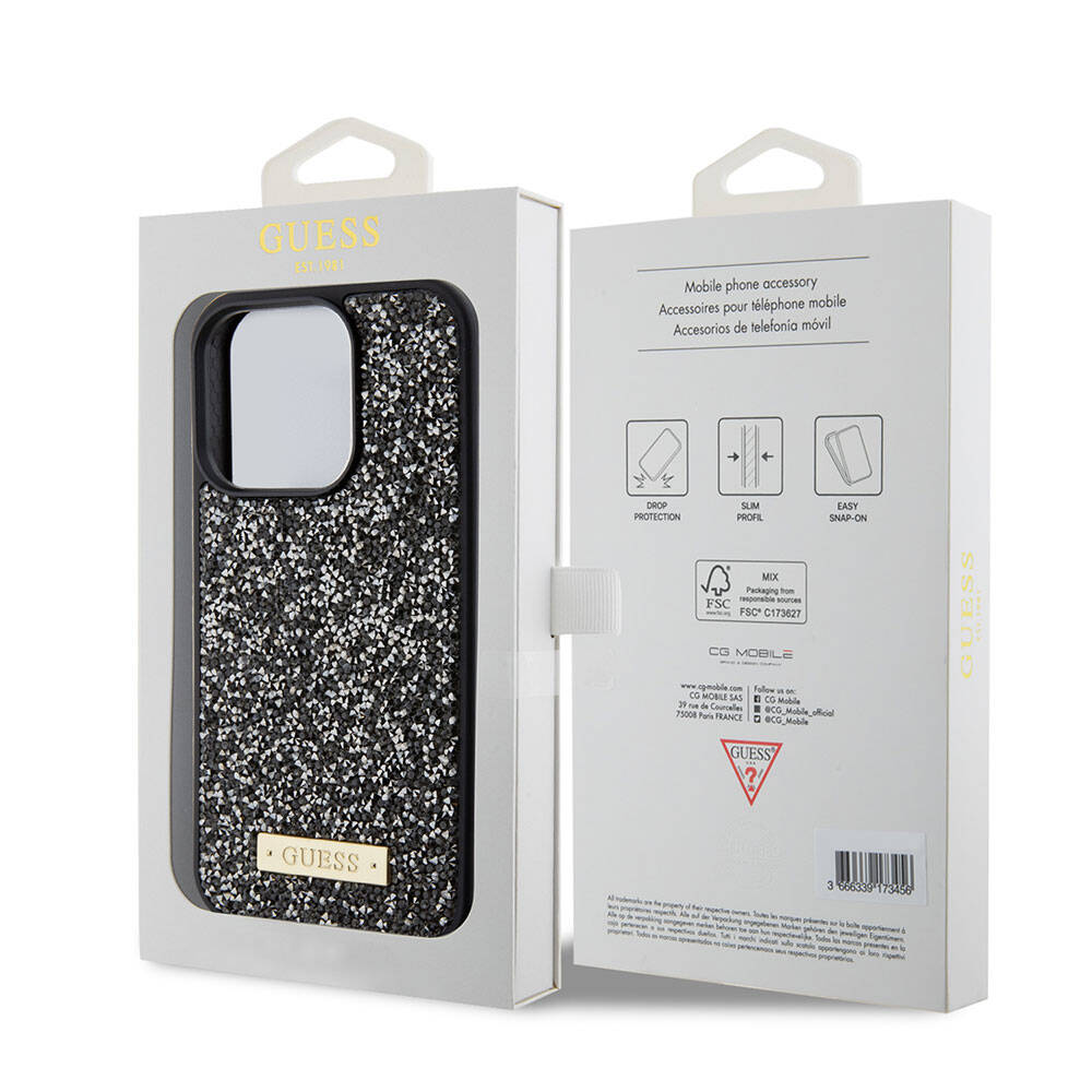 Apple iPhone 15 Pro Case Guess Original Licensed Stone Back Surface Metal Text Logo Cover Silver