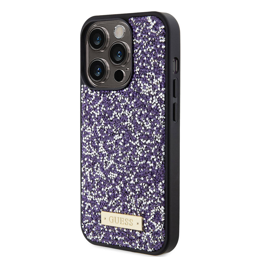Apple iPhone 15 Pro Case Guess Original Licensed Stone Back Surface Metal Text Logo Cover Silver