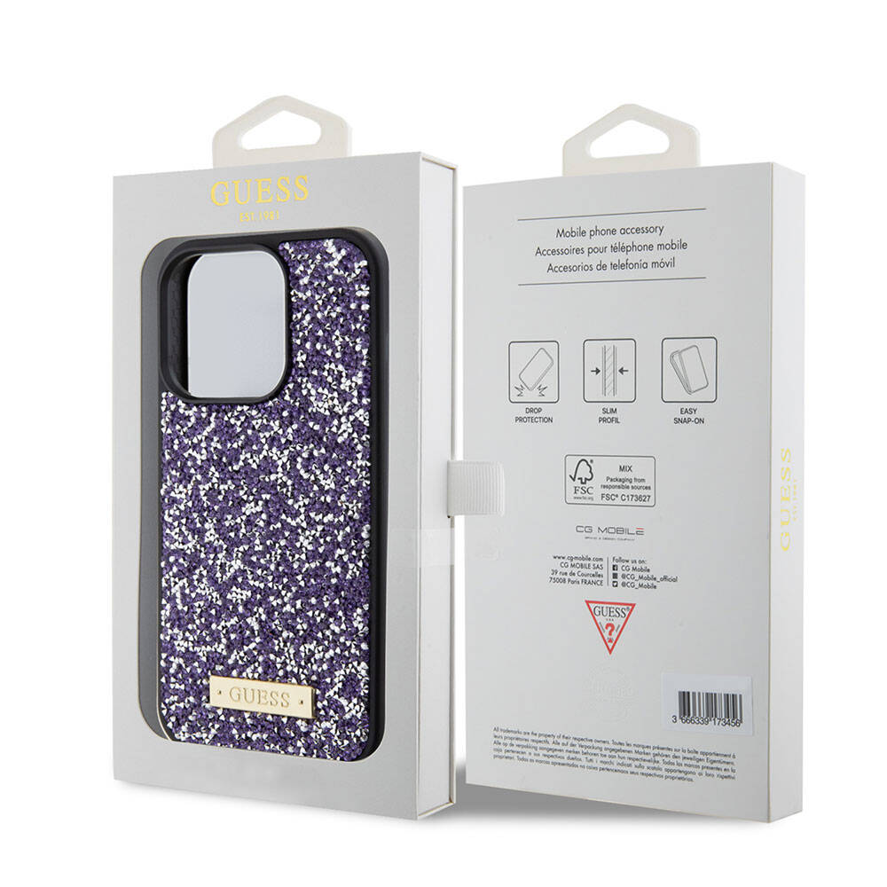 Apple iPhone 15 Pro Case Guess Original Licensed Stone Back Surface Metal Text Logo Cover Silver