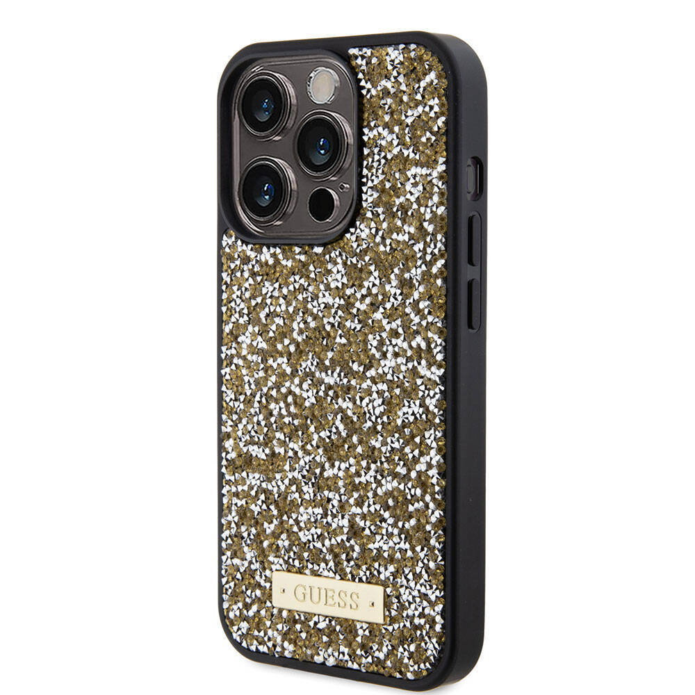 Apple iPhone 15 Pro Case Guess Original Licensed Stone Back Surface Metal Text Logo Cover Black