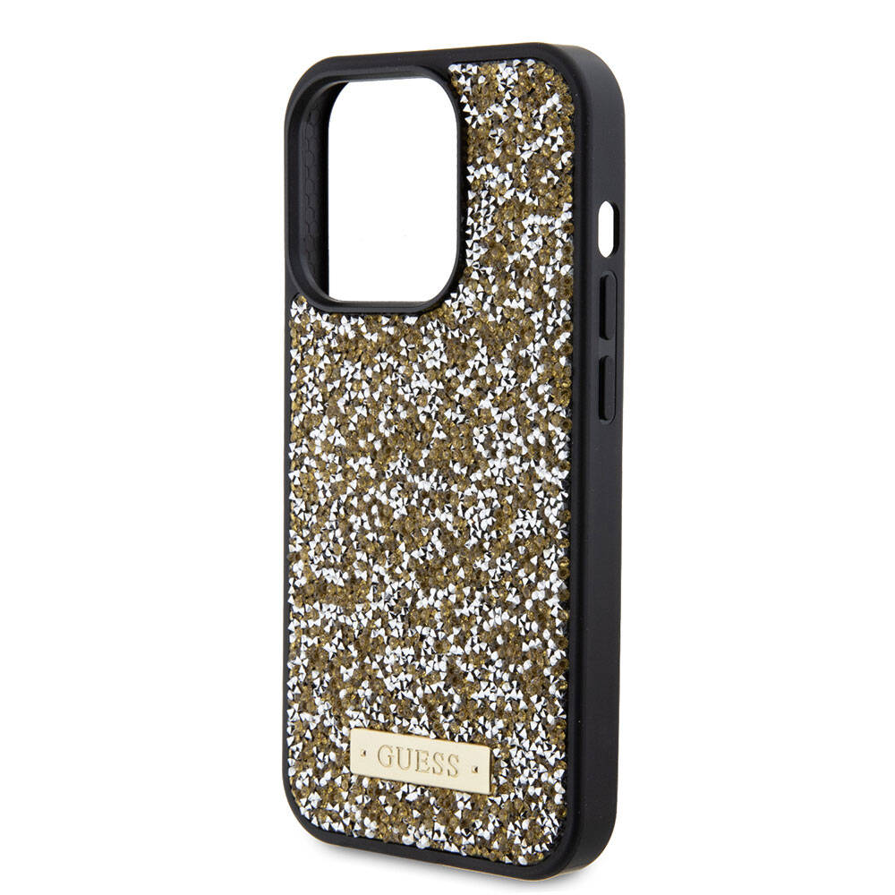 Apple iPhone 15 Pro Case Guess Original Licensed Stone Back Surface Metal Text Logo Cover Black