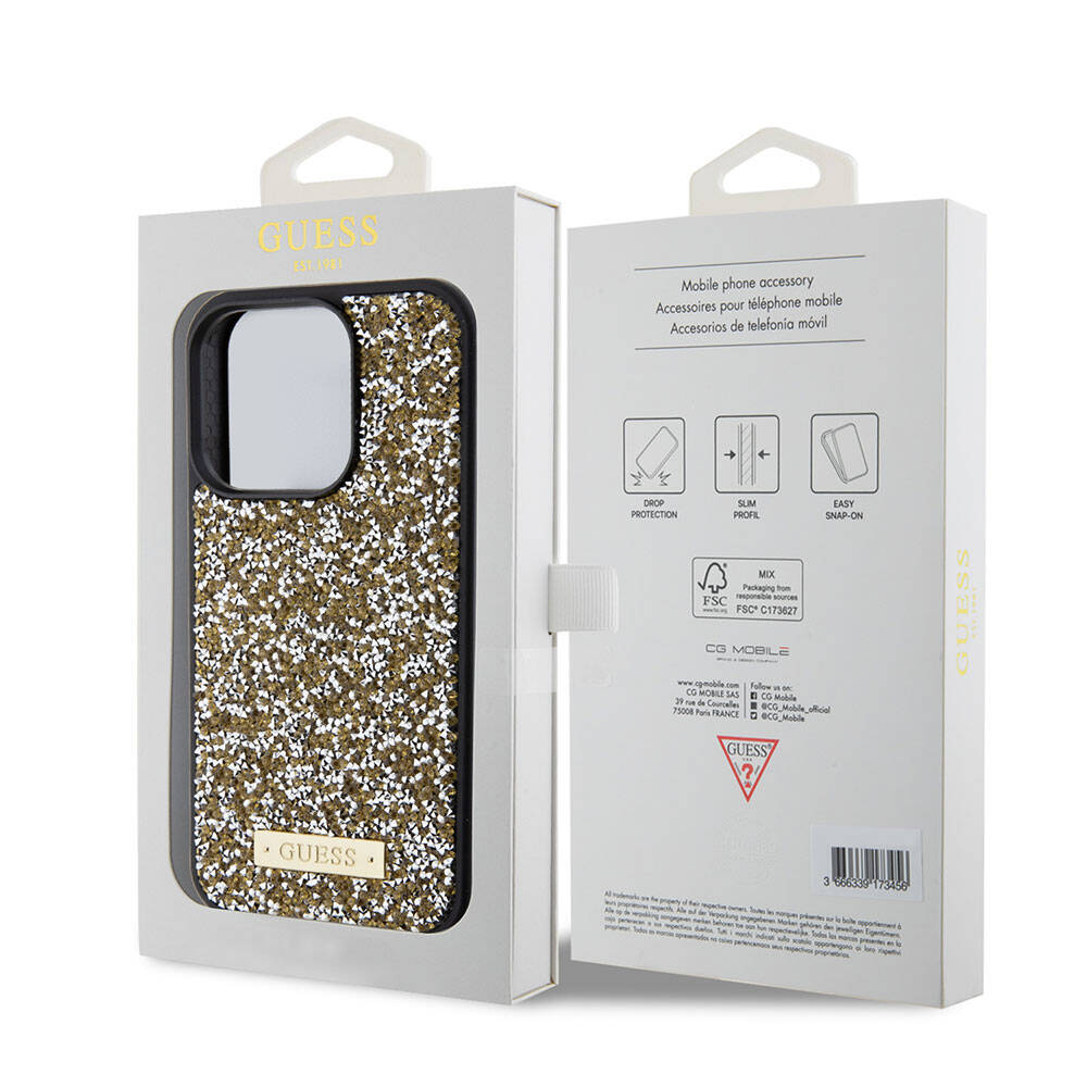 Apple iPhone 15 Pro Case Guess Original Licensed Stone Back Surface Metal Text Logo Cover Black