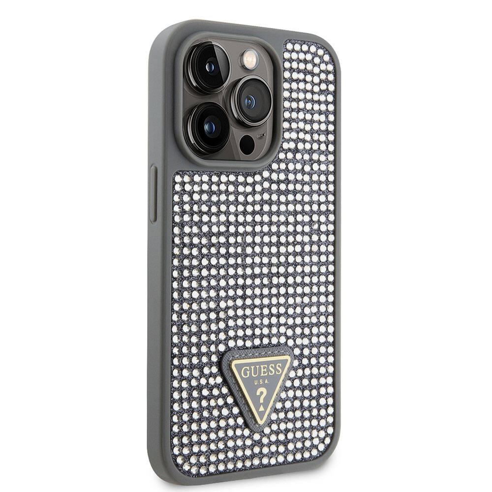 Apple iPhone 15 Pro Case Guess Original Licensed Stone Back Surface Triangle Logo Cover Silver