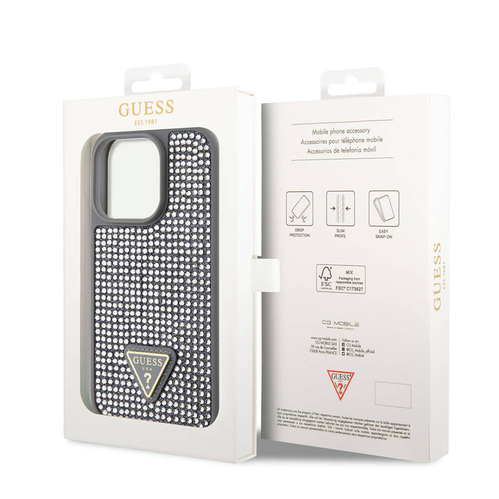 Apple iPhone 15 Pro Case Guess Original Licensed Stone Back Surface Triangle Logo Cover Silver