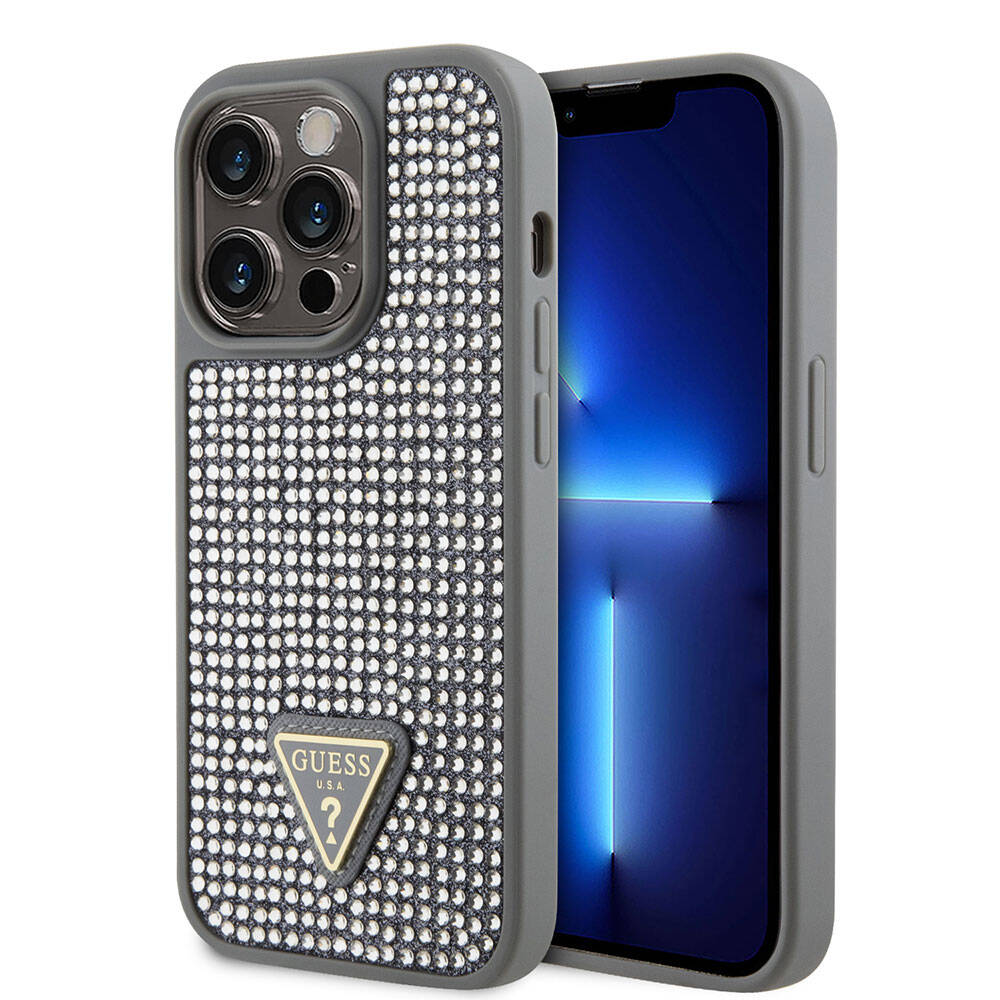 Apple iPhone 15 Pro Case Guess Original Licensed Stone Back Surface Triangle Logo Cover Silver