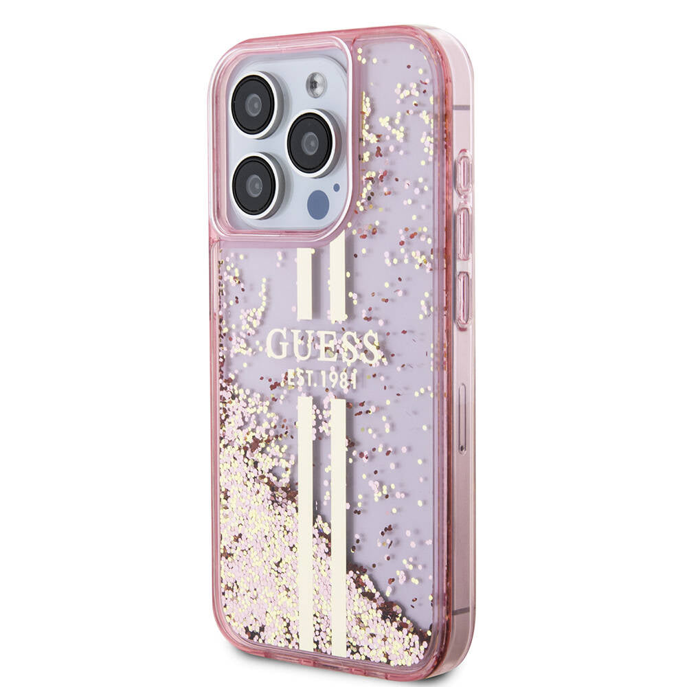 Apple iPhone 15 Pro Case Guess Original Licensed Transparent Liquid Glitter Gold Striped Cover Pink