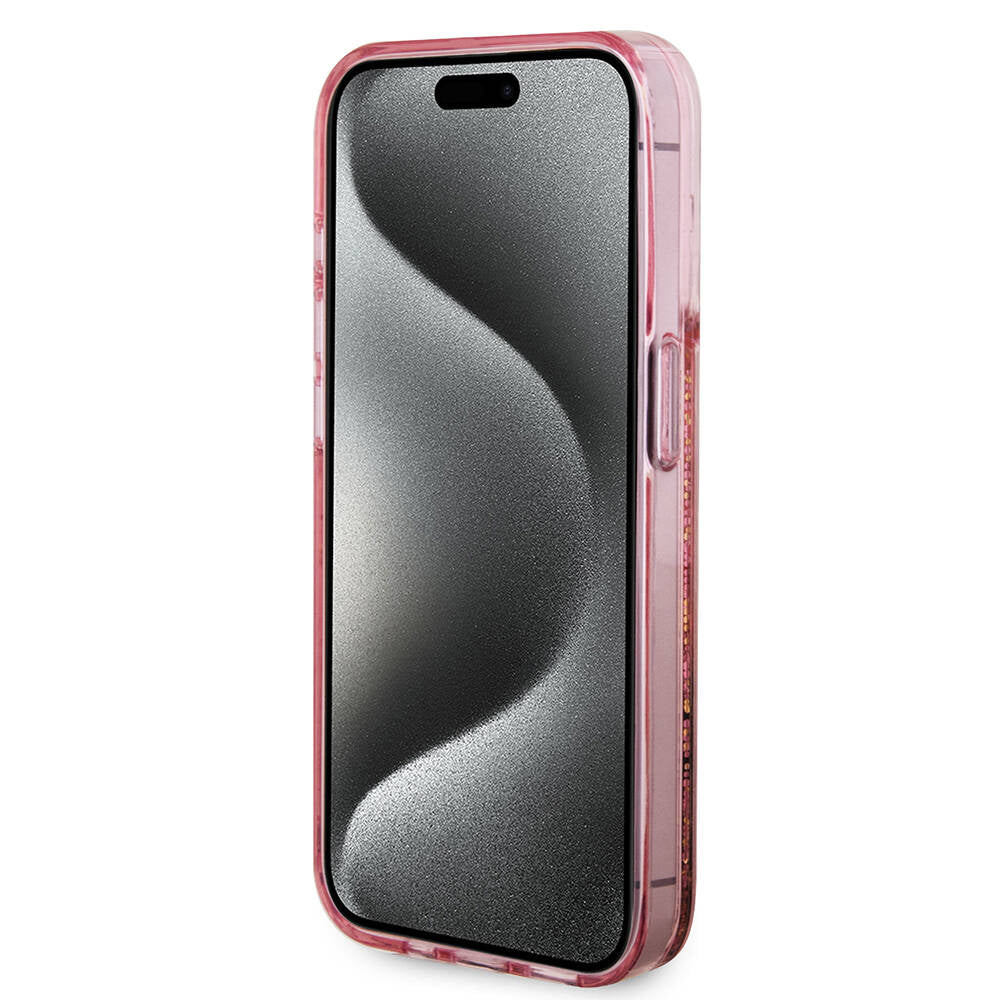 Apple iPhone 15 Pro Case Guess Original Licensed Transparent Liquid Glitter Gold Striped Cover Pink