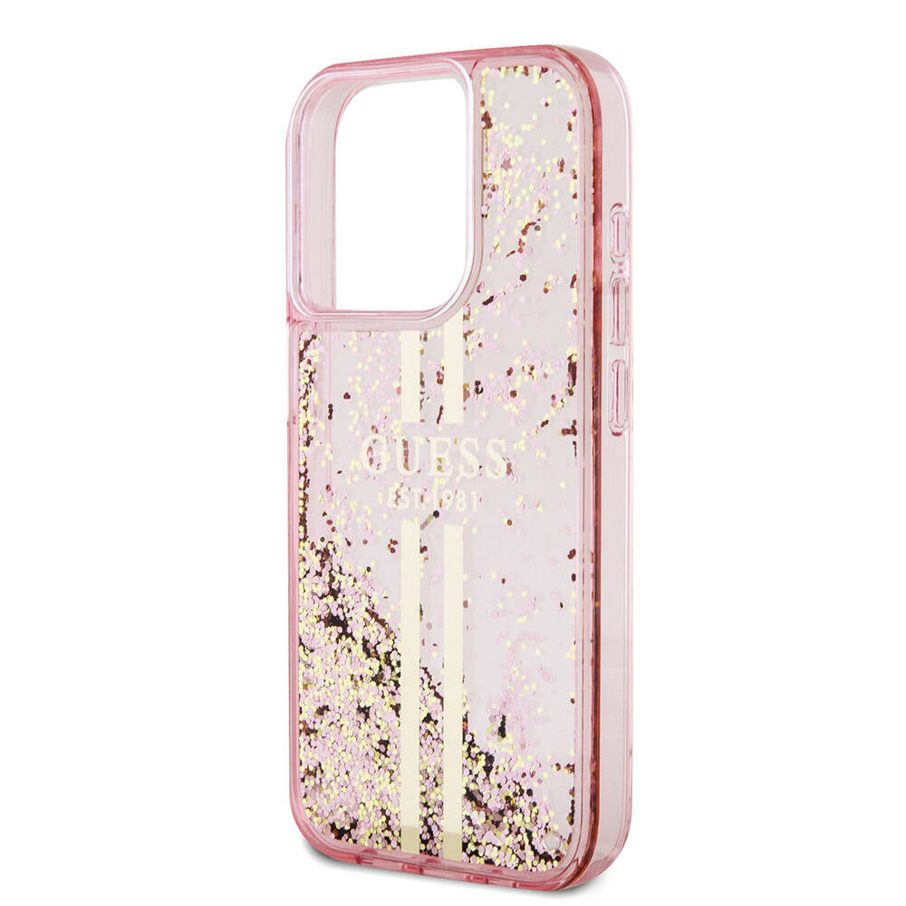 Apple iPhone 15 Pro Case Guess Original Licensed Transparent Liquid Glitter Gold Striped Cover Pink