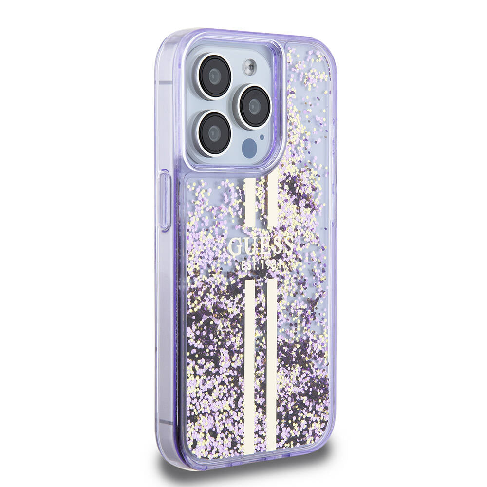 Apple iPhone 15 Pro Case Guess Original Licensed Transparent Liquid Glitter Gold Striped Cover Pink