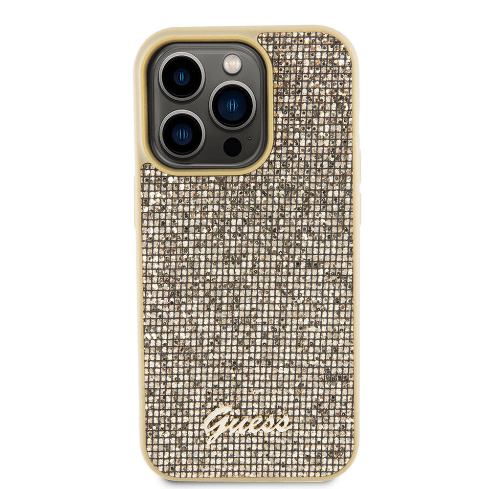 Apple iPhone 15 Pro Case Guess Original Licensed Disco Script Metal Cover Gold with Text Logo