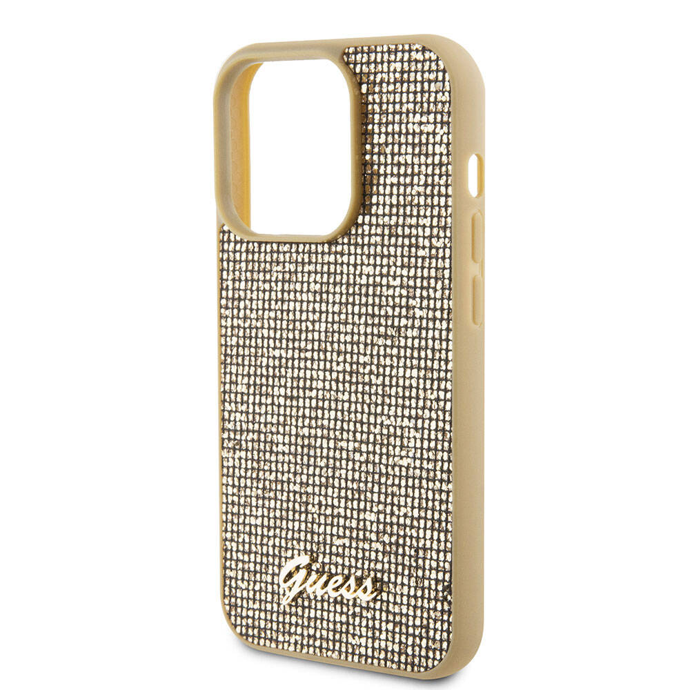Apple iPhone 15 Pro Case Guess Original Licensed Disco Script Metal Cover Gold with Text Logo