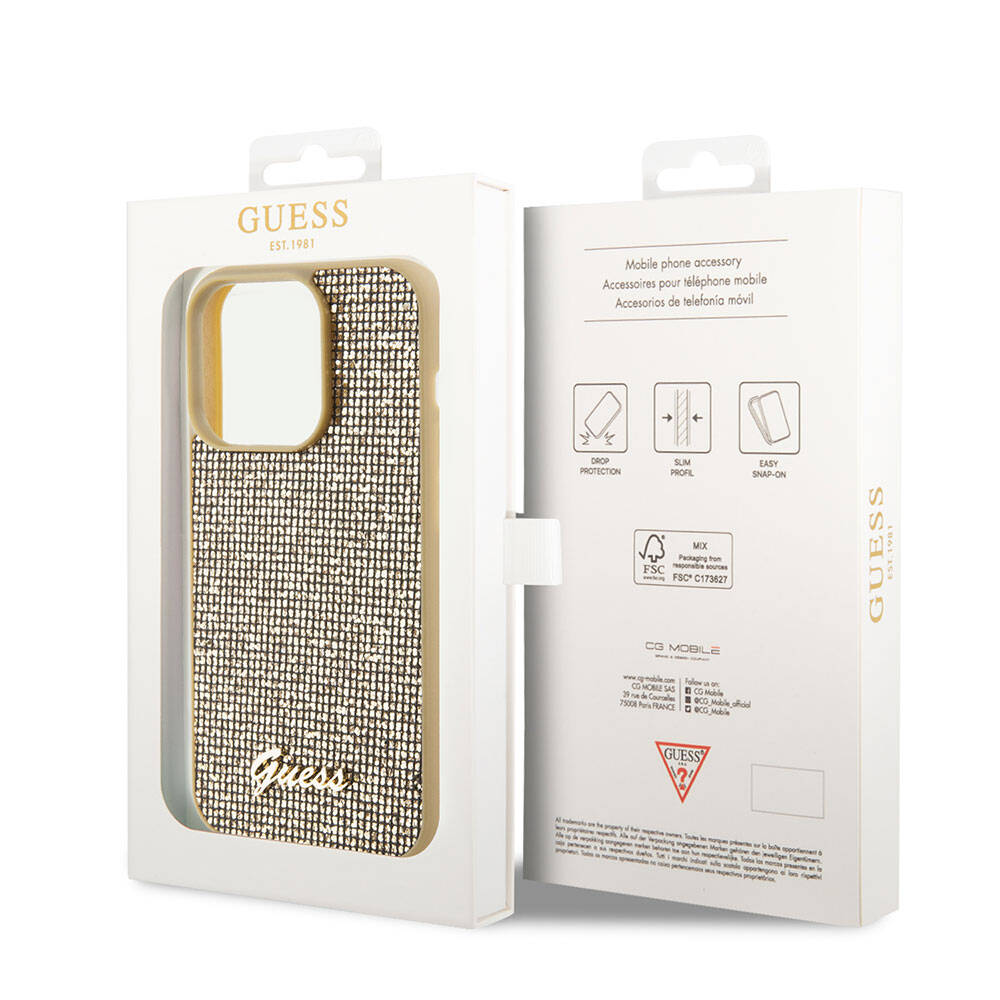 Apple iPhone 15 Pro Case Guess Original Licensed Disco Script Metal Cover Gold with Text Logo