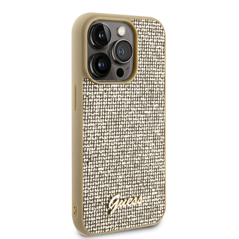 Apple iPhone 15 Pro Case Guess Original Licensed Disco Script Metal Cover Gold with Text Logo