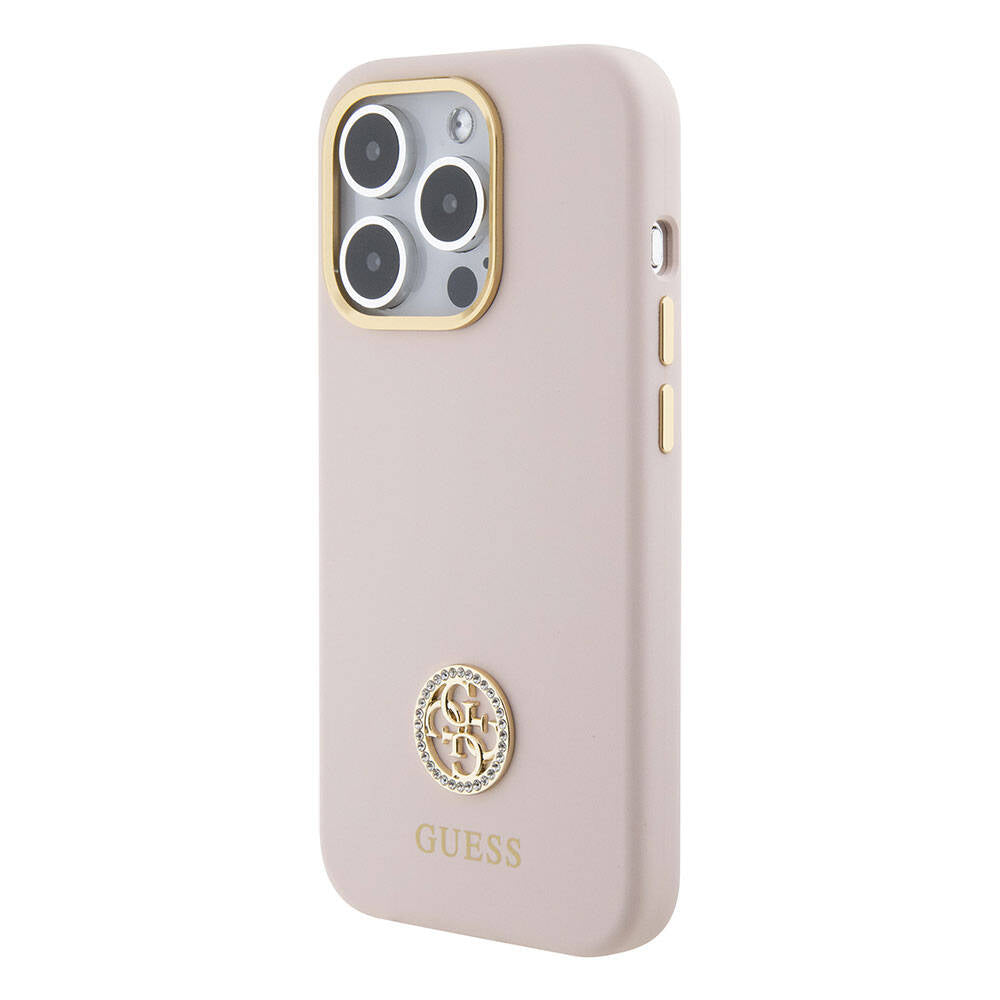 Apple iPhone 15 Pro Case Guess Original Licensed Writing and Stone 4G Logo Metal Camera Frame Silicone Cover Pink