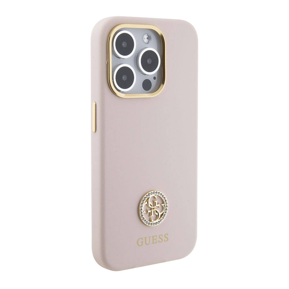 Apple iPhone 15 Pro Case Guess Original Licensed Writing and Stone 4G Logo Metal Camera Frame Silicone Cover Pink