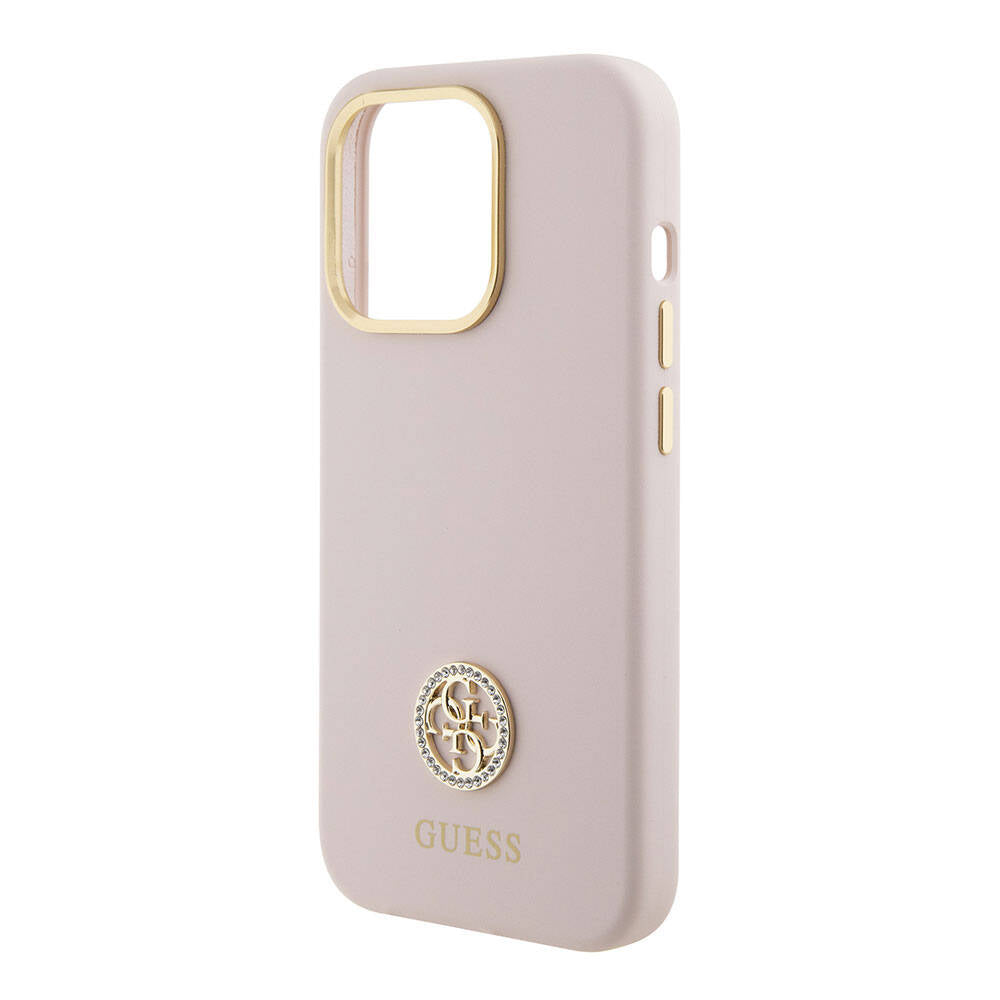 Apple iPhone 15 Pro Case Guess Original Licensed Writing and Stone 4G Logo Metal Camera Frame Silicone Cover Pink