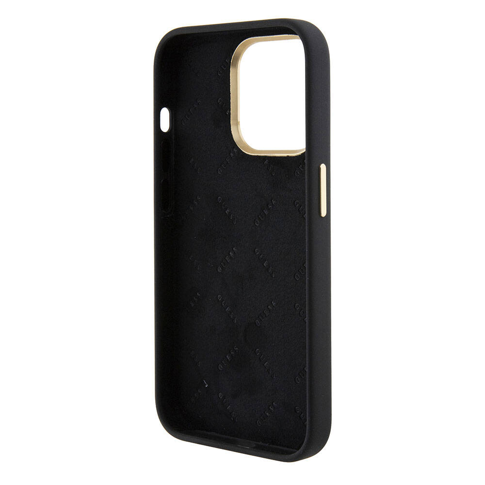 Apple iPhone 15 Pro Case Guess Original Licensed Writing and Stone 4G Logo Metal Camera Frame Silicone Cover Black
