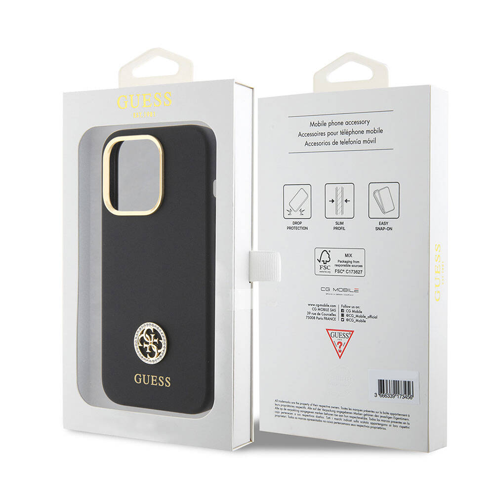 Apple iPhone 15 Pro Case Guess Original Licensed Writing and Stone 4G Logo Metal Camera Frame Silicone Cover Black