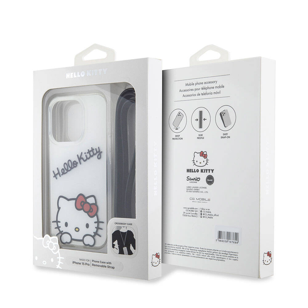 Apple iPhone 15 Pro Case Hello Kitty Original Licensed Strap Text and Iconic Logo Daydreaming Cover White