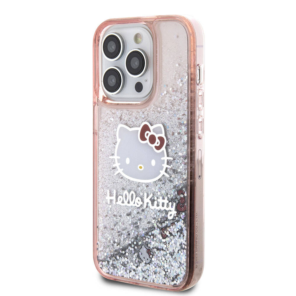 Apple iPhone 15 Pro Kılıf Hello Kitty Orjinal Lisanslı İkonik Sıvılı Glitter Kapak Renksiz