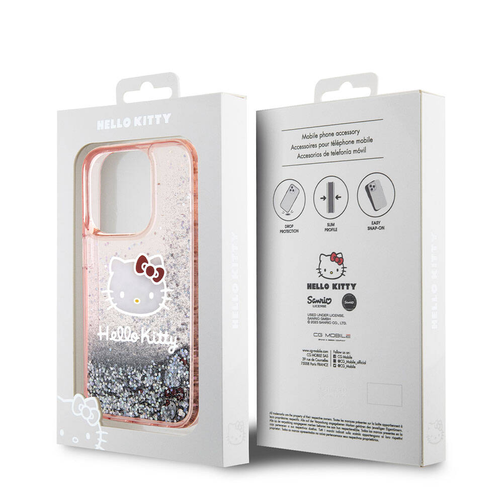 Apple iPhone 15 Pro Kılıf Hello Kitty Orjinal Lisanslı İkonik Sıvılı Glitter Kapak Pembe