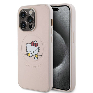 Apple iPhone 15 Pro Kılıf Hello Kitty Orjinal Lisanslı M-safe Şarj Özellikli Baskı Logolu Uyuyan Kitty Deri Kapak Gümüş