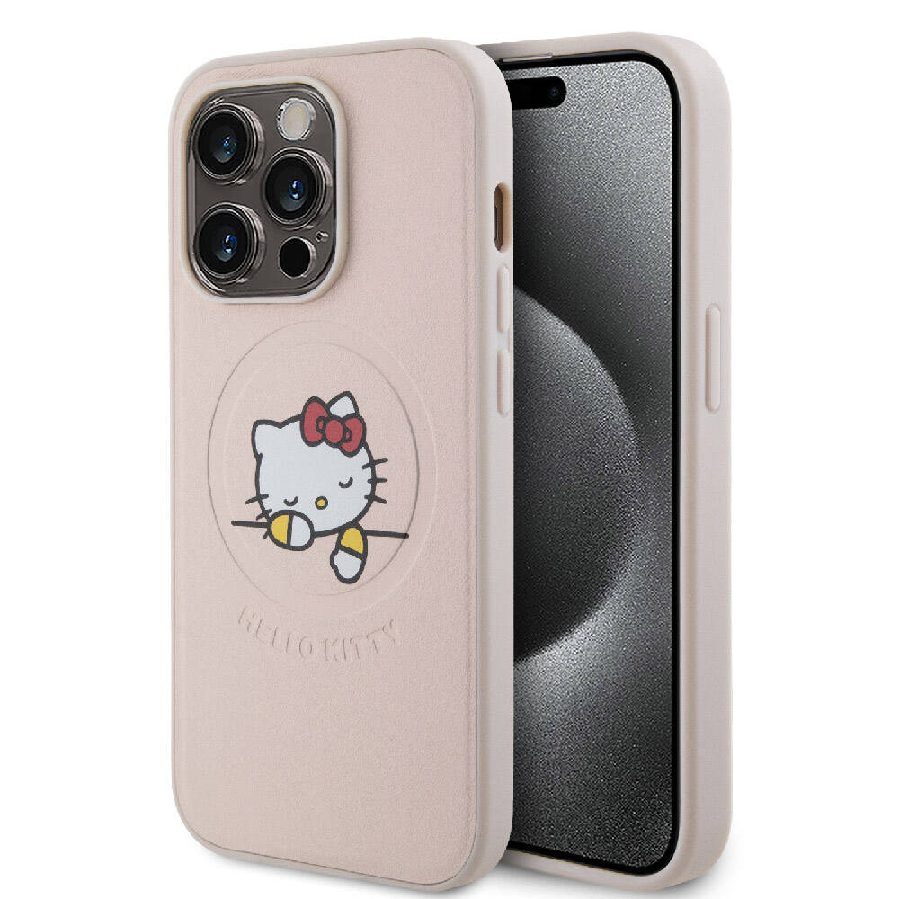 Apple iPhone 15 Pro Case Hello Kitty Original Licensed M-safe Charging Feature Printed Logo Sleeping Kitty Leather Cover Pink