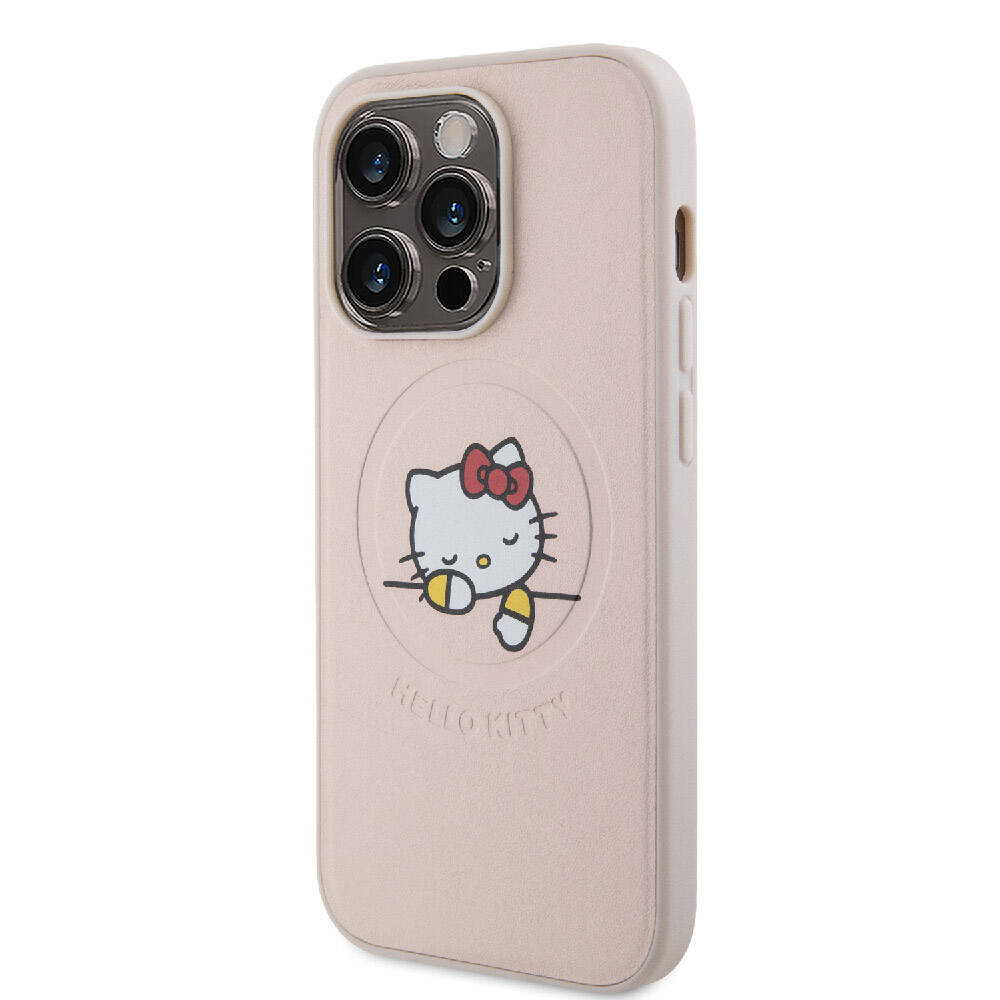 Apple iPhone 15 Pro Case Hello Kitty Original Licensed M-safe Charging Feature Printed Logo Sleeping Kitty Leather Cover Pink