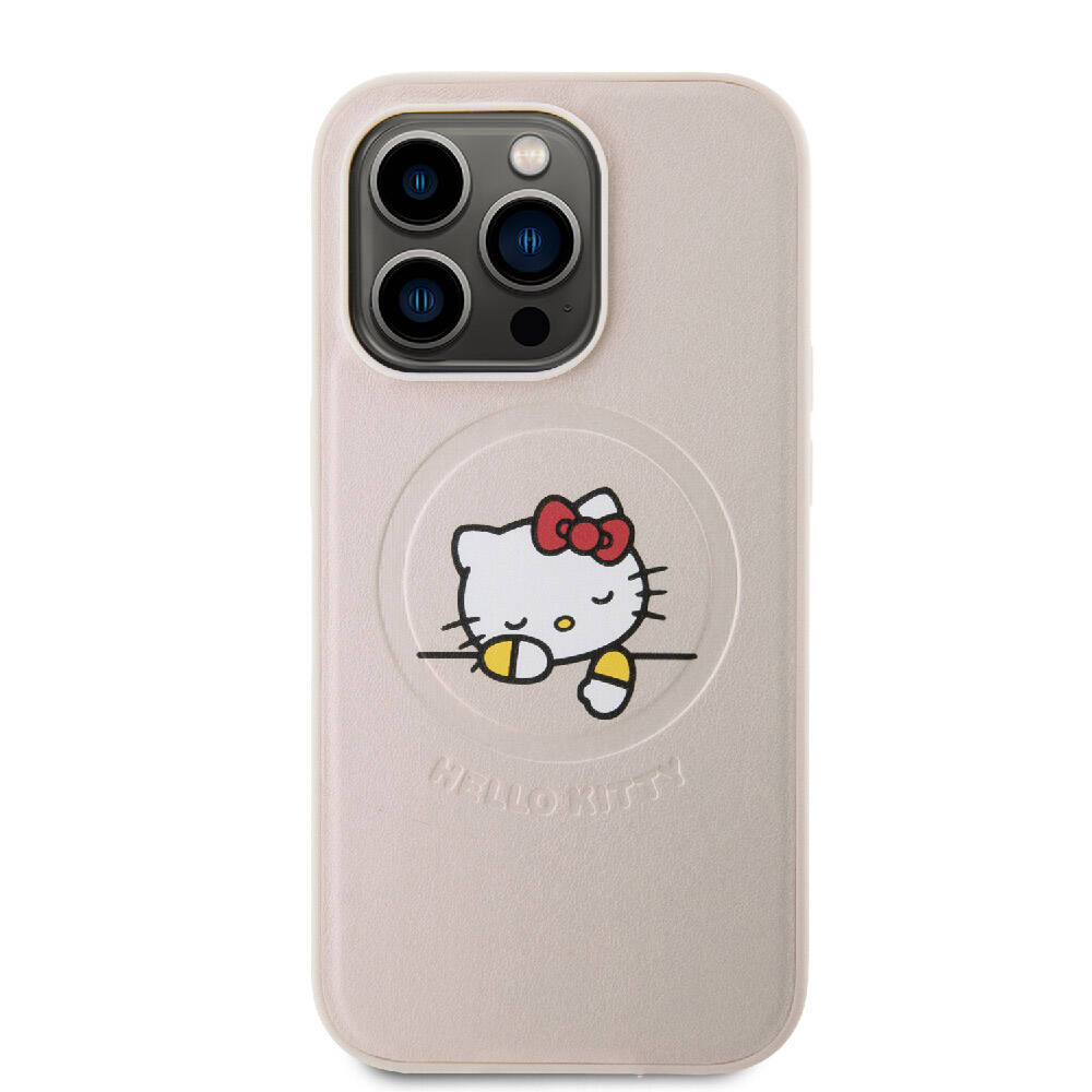 Apple iPhone 15 Pro Case Hello Kitty Original Licensed M-safe Charging Feature Printed Logo Sleeping Kitty Leather Cover Silver